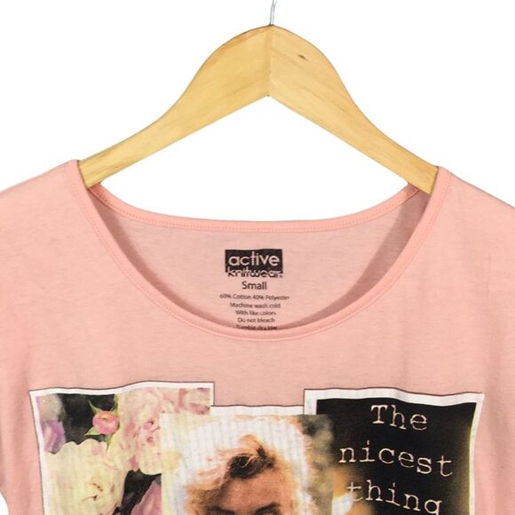 WS1057 Women’s Active Knitwear Marilyn Monroe Pink Hi Low Graphic Shirt Top S - Picture 2 of 3